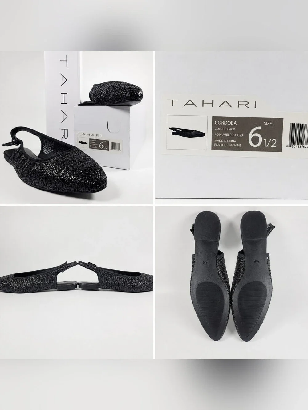Tahari Cordoba Black Woven Pointed Toe Slingback Flats Multiple Sizes